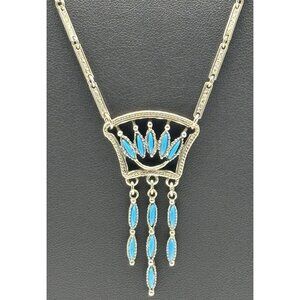 Vintage Silver-Tone Necklace With Dangling Faux Turquoise Focal Piece, Unsigned~